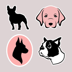 Fototapeta premium Cute various dogs as stickers for web design. Lovely puppies as sticker pack for design websites, logo, icons, signs, applications or social network communication. Different bright stickers with dogs.