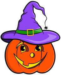 Cute cartoon halloween pumpkin with witches hat on white background 