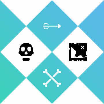 Set Skull, Crossed human bones, Arrow and Pirate treasure map icon. Vector