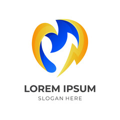 letter M thunder template logo, letter M and thunder combination logo with 3d blue and yellow color style