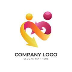 human love logo design, love, arrow and people combination logo with 3d colorful style