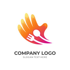Fototapeta premium hold restaurant logo concept, spoon, fork, and hand combination logo with 3d orange color style