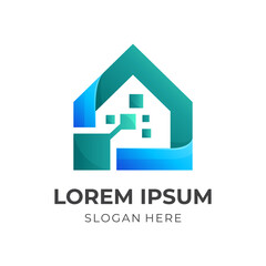 home server logo template, house and pixel combination logo with 3d green and blue color style