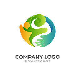 people care design logo, people and hand combination logo with 3d colorful style