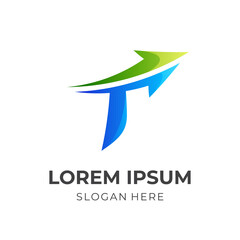 initial T arrow template logo, letter T and arrow combination logo with 3d blue and green color style