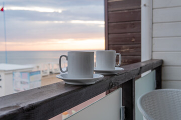Sea travel cup background coffee beach mug ocean water breakfast, for summer vacation in cafe and lifestyle holiday, sun ceramic. Fashion decor chocolate,