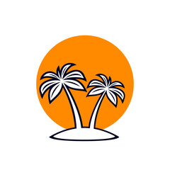 African Rainforest Coconut Trees or Tropical Palm Trees with Orange Sun on White Backdrop. Simple Outline Silhouette for Eco Floral Logotype Emblem in Retro Art, or Travel Logo Design