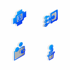 Set Isometric line Proof of stake, CPU mining farm, Cryptocurrency wallet and Bitcoin plant the pot icon. Vector