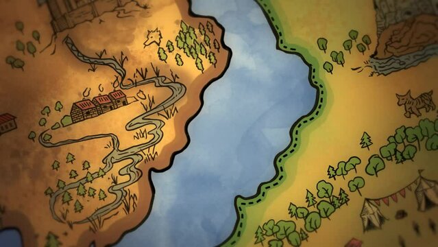 drawing of old treasure map with islands for nautical medieval epic fantasy adventure with pirates - animated tour of manuscript illustration with lands, ocean, sea monsters and ships