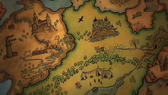 old treasure map for medieval epic fantasy adventure - tour animation of a peninsula illustration