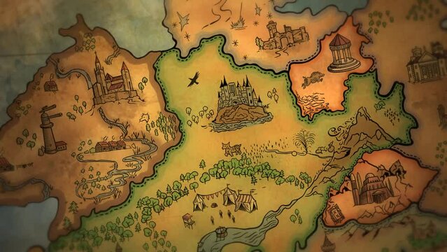 drawing of an ancient treasure map for medieval epic fantasy adventure - tour animation of a peninsula land manuscript illustration