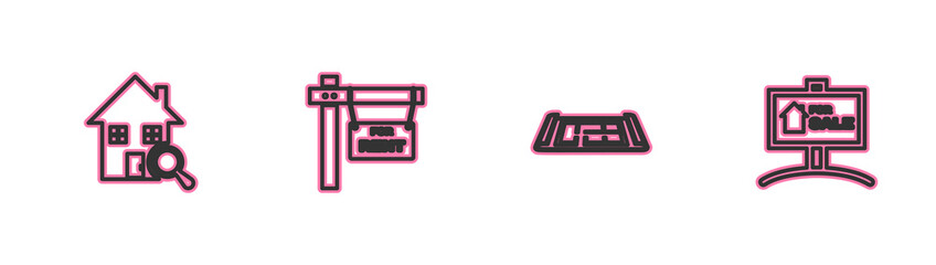 Set line Search house, House plan, Hanging sign with For Rent and Sale icon. Vector