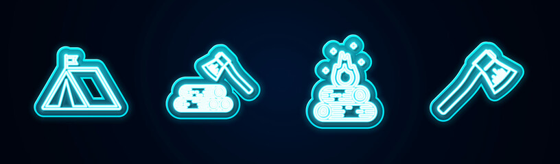 Set line Tourist tent with flag, Wooden axe and wood, Campfire and . Glowing neon icon. Vector