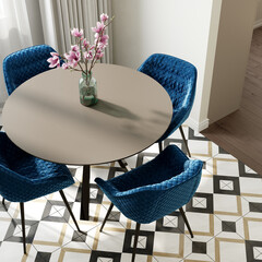 Modern interior of the dining room. Ceramic tile floor in a geometric pattern. Round table and...