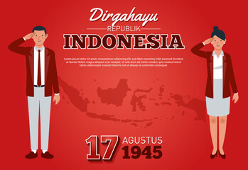 A pair of Indonesian men and women with red and white outfit are saluting the flag with the background of the Indonesian archipelago to commemorate Indonesia's independence day.