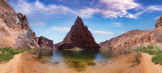 Colorado River in Glen Canyon, Arizona, United States of America. American Mountain Nature Landscape Background. Artistic Sky Render. Panorama