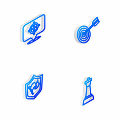 Set Isometric line Target, , Shield with flag and Chess icon. Vector