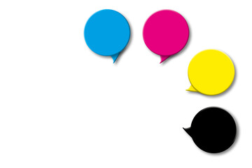 Speech bubble of CMYK colours on white background. Concept for presenting colour printing, template for your business, advertising. shadow overlay. copy space. illustration of 3d paper cut style.