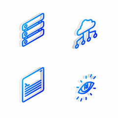 Set Isometric line Network cloud connection, Server, Data, Web developer programming code and Artificial intelligence AI icon. Vector