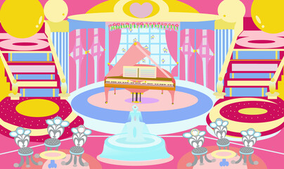 grand piano and lounge with fountain cartoon illustration