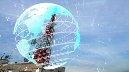Telecommunication tower with 3D graphic of global business alteration and e-commerce against blue sky in concept of worldwide internet network connections .