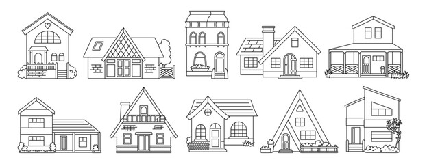 House front flat line doodle set. Various facade village or urban, small and tiny houses. Contour modern or vintage cozy buildings. Residential homestead, cottage or villa facades apartment vector