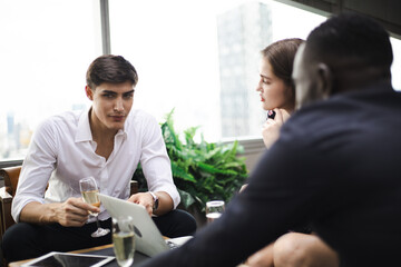 Happiness business partnership teamwork meeting and working at restaurant.