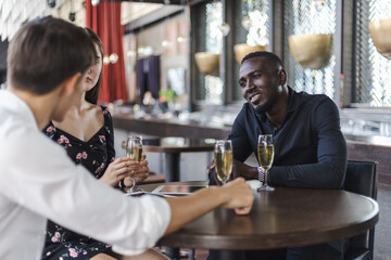 Happiness business partnership teamwork meeting and working at restaurant.