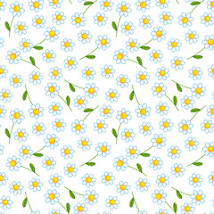 Seamless pattern with cute little daisies on a white background. Vector illustration with baby print for clothes, postcards, textiles. Spring wild flowers with outline.