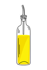 Vector illustration of a hand drawn glass dispenser bottle with olive oil isolated on a white background.