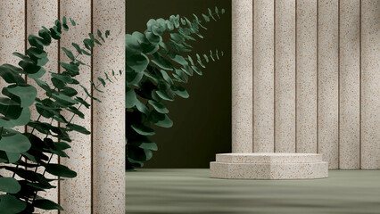 3d render template mock up of terrazzo podium in landscape with green plants in the background