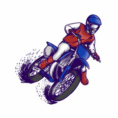 Motocross rider on a motorcycle. Riding Dirt bike on the mud track. Retro design, Hand drawn Vintage Vector Illustration