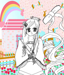 coloring page of traditional young girl with colorful village home background cartoon illustration