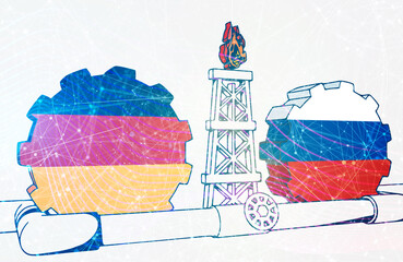 Natural gas and oil transit from Russia to Germany concept. Gas rig, gears and pipe. National flags