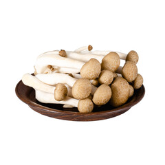 Brown shimeji mushroom front view in a dark wooden plate isolated on a white background is Suitable for creative graphic design. and clipping path.