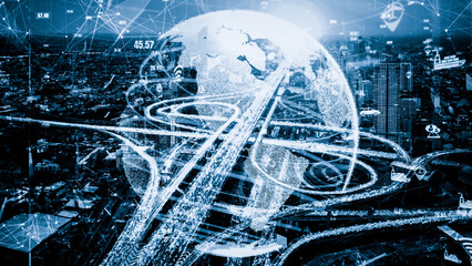 Smart transportation in tacit futuristic city with online traffic control system . Concept of smart digital transformation and technology disruption that changes global trends in new information era .