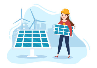 Solar Energy Installation, Panel or Wind Turbine Maintenance with Home Service Team For Electricity Network Operation in Cartoon Illustration