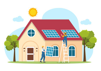 Naklejka premium Solar Energy Installation, Panel or Wind Turbine Maintenance with Home Service Team For Electricity Network Operation in Cartoon Illustration