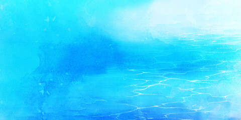 コピースペースのある水面の背景イラスト　水彩テクスチャ　海の風景イラスト　水面と波