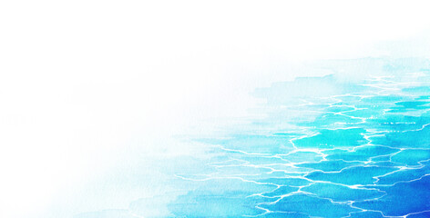 コピースペースのある水面の背景イラスト　水彩背景　海の風景イラスト　水面と波