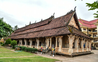Naklejka premium An ancient old church in Wat Luang Pakse, a city in southern Laos, December 28, 2018.