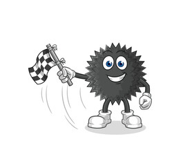 sea urchin hold finish flag. cartoon mascot vector