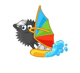 sea urchin windsurfing character. mascot vector