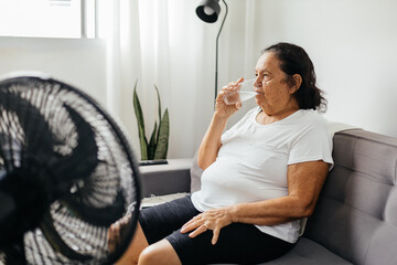 Elderly woman sitting on sofa in living room cooling off with floor fan trying to relieve heat of...