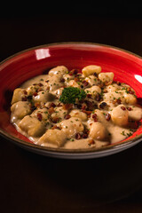 Perfect Pasta Classic Italian Homemade Artisan Bacon Tomato Sauce Sausage Sweet Melted Cheese Onion Chicken Meat Shrimp Menu Gourmet on a Dark Background