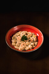 Perfect Pasta Classic Italian Homemade Artisan Bacon Tomato Sauce Sausage Sweet Melted Cheese Onion Chicken Meat Shrimp Menu Gourmet on a Dark Background