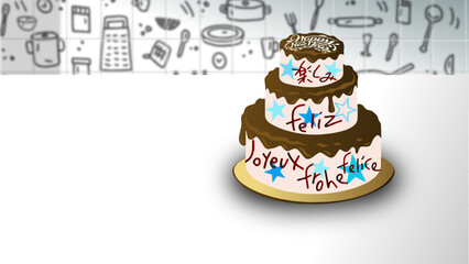 One. Three tier cake with happy writing in different languages ​​on a large white table in a modern kitchen with graffiti on a white tiled wall, realistic illustration vector.  