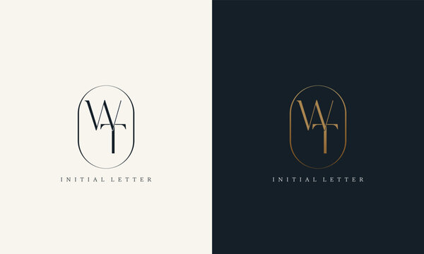 premium WT logo monogram with gold circle frame. luxury initials design minimal modern typeface