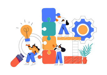 Business concept. Team metaphor. people connecting puzzle elements. Vector illustration flat design style. Symbol of teamwork, cooperation, partnership vector. Flat vector illustration