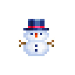 Funny snowman character. Pixel art. Design of 80s. Flat style. Game assets. 8-bit. Isolated vector illustration.8 bit, 80s, abstract, art, assets, avatar, card, cartoon, celebration, character, christ